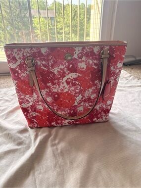 Coach Floral Red Tote Bag with Neutral Trim